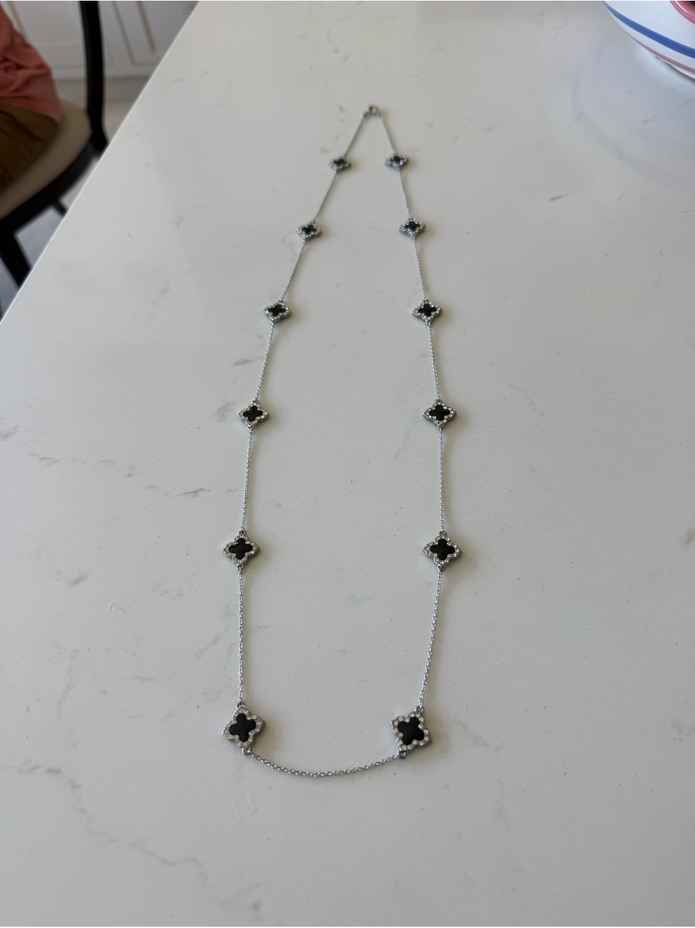 Silver Black Clover Station Necklace